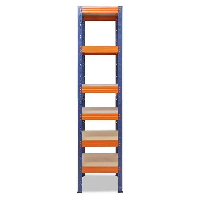 shelfplaza Schwerlastregal PRO - H x B x T: 180 x 50 x 50 cm, Traglast pro Boden: 200 kg, Anzahl Böden: 6 Stk., Stecken, blau-orange - Schwerlastregal mit blauen Ständern, orangefarbenen Querbalken und hellen Holzablagen zur Lagerung.