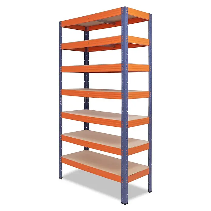 shelfplaza Schwerlastregal PRO - H x B x T: 230 x 100 x 45 cm, Traglast pro Boden: 200 kg, Anzahl Böden: 7 Stk., Stecken, blau-orange - Siebenstufiges Industrieregal mit blauen Metallständern, orangefarbenen Traversen und beigen Holzregalböden.