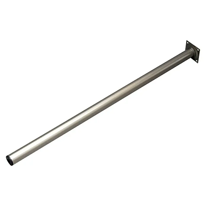 Element System Set de patas de mueble Borgoña - Ø x Al: 3 x 70 cm, Capacidad de carga: 50 kg, Acero, Cromo, 4 ud. - Imagen de una pata de mesa plateada con placa de montaje cuadrada, perfecta para la construcción y reparación de muebles.