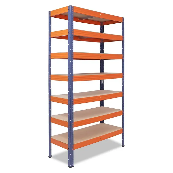shelfplaza Schwerlastregal PRO - H x B x T: 230 x 100 x 45 cm, Traglast pro Boden: 200 kg, Anzahl Böden: 7 Stk., Stecken, blau-orange - Mehrstufiges Metallregal mit blauen Pfosten, orangefarbenen Trägern und Holzablagen.