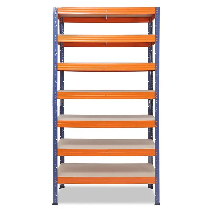 shelfplaza Schwerlastregal PRO - H x B x T: 230 x 100 x 45 cm, Traglast pro Boden: 200 kg, Anzahl Böden: 7 Stk., Stecken, blau-orange - Robustes blau-oranges Metallregal mit 6 Holzablagen für hohe Traglasten.