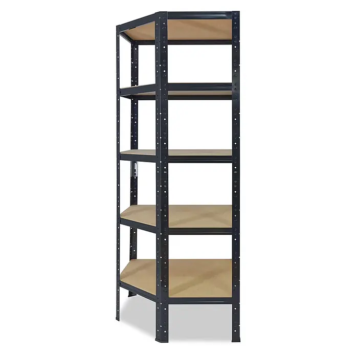 shelfplaza Eckregal Black schwarz 200x70x40 cm, 5 Böden 175 kg -  - Dunkelgraues Metallregal mit fünf hellbraunen Holzablagen, ideal zur Aufbewahrung.