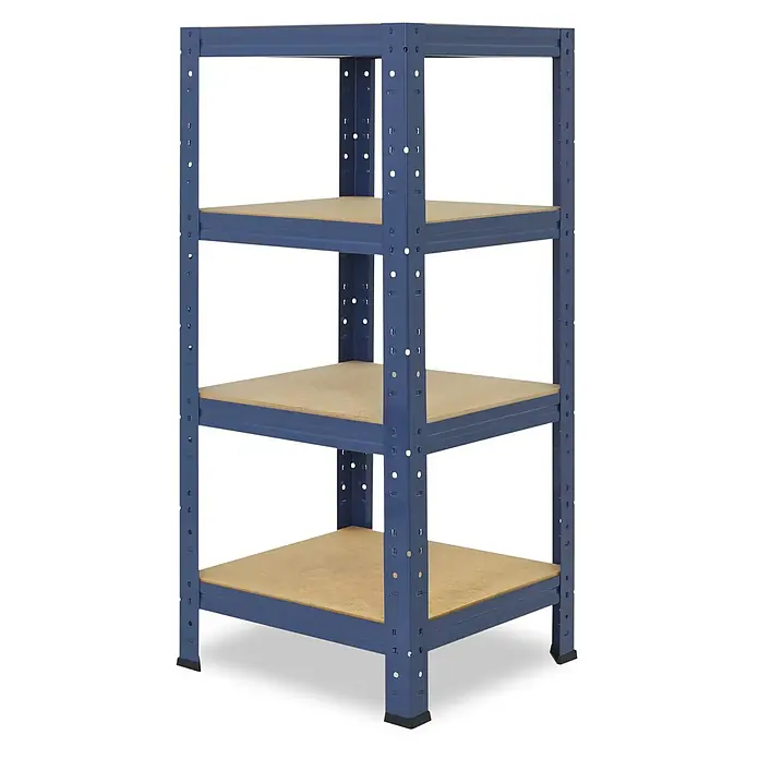 shelfplaza Schwerlastregal HOME - H x B x T: 100 x 50 x 50 cm, Traglast pro Boden: 175 kg, Anzahl Böden: 4 Stk., Stecken, blau - Blaues Metallregal mit vier Holzablagen, ideal zur Aufbewahrung.