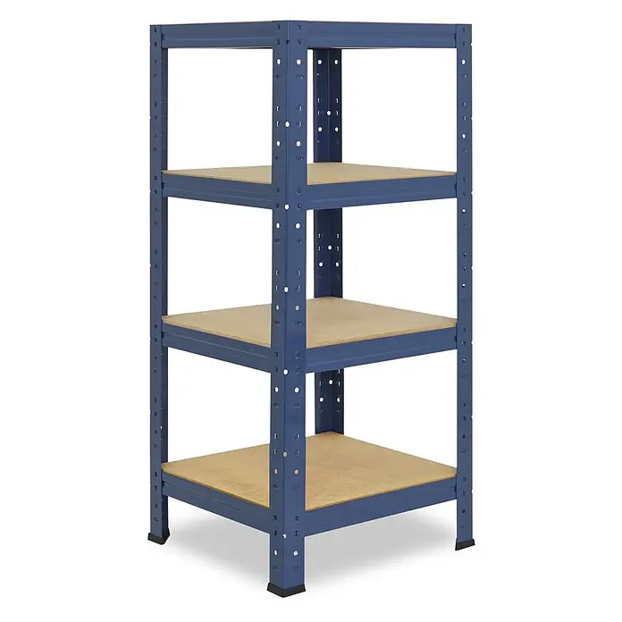 shelfplaza Schwerlastregal HOME - H x B x T: 100 x 50 x 50 cm, Traglast pro Boden: 175 kg, Anzahl Böden: 4 Stk., Stecken, blau - Blaues Metallregal mit vier Holzböden.