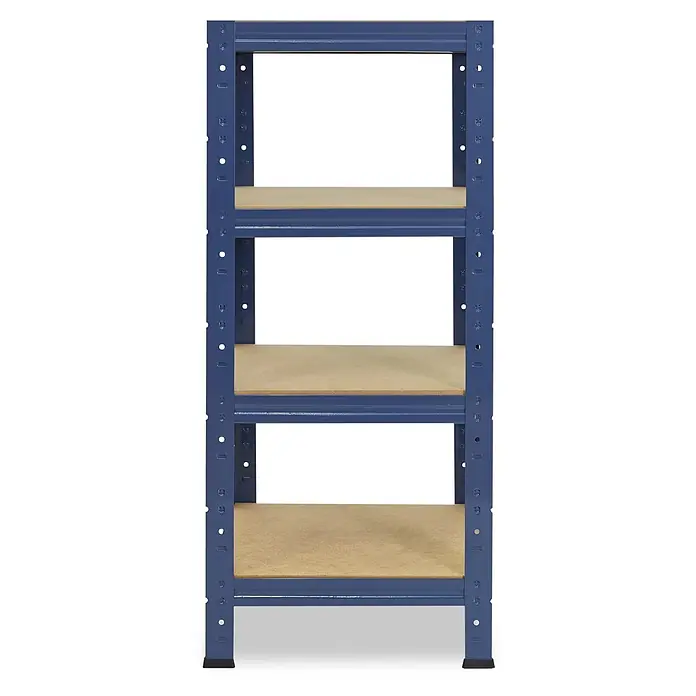 shelfplaza Schwerlastregal HOME - H x B x T: 100 x 50 x 50 cm, Traglast pro Boden: 175 kg, Anzahl Böden: 4 Stk., Stecken, blau - Blaues Metallregal mit fünf hellbraunen Holzablagen.