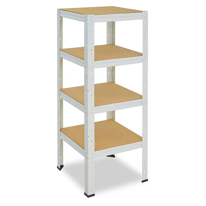 shelfplaza Schwerlastregal Home weiß 100x40x40 cm, 4 Böden 175 kg -  - Weißes Metallregal mit vier hellbraunen Holzablagen für vielseitige Lagerung.