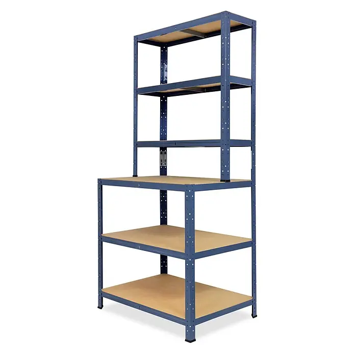 shelfplaza Schwerlastregal HOME - H x B x T: 190 x 80 x 60 cm, Traglast pro Boden: 175 kg, Anzahl Böden: 6 Stk., Stecken, blau - Konfigurierbares blaues Metallregal mit fünf Holzablagen, ideal für Schwerlastlagerung.