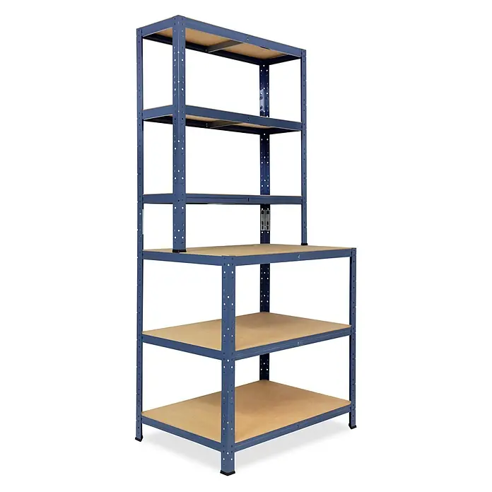shelfplaza Schwerlastregal HOME - H x B x T: 190 x 80 x 60 cm, Traglast pro Boden: 175 kg, Anzahl Böden: 6 Stk., Stecken, blau - Blaues Metallregal mit hellbraunen MDF-Böden, umwandelbar in eine Werkbank-Anordnung.