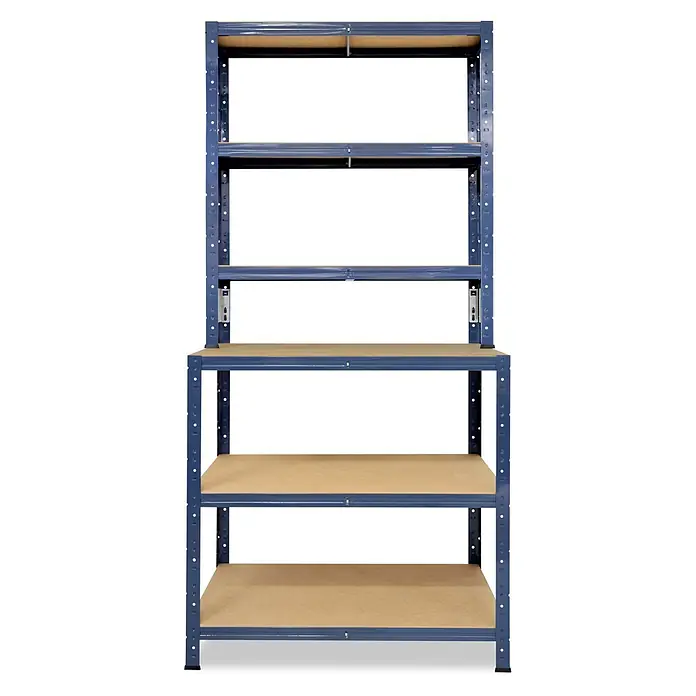 shelfplaza Schwerlastregal HOME - H x B x T: 190 x 80 x 60 cm, Traglast pro Boden: 175 kg, Anzahl Böden: 6 Stk., Stecken, blau - Blaues Metall-Schwerlastregal mit fünf hellbraunen Holzablagen zur Organisation.