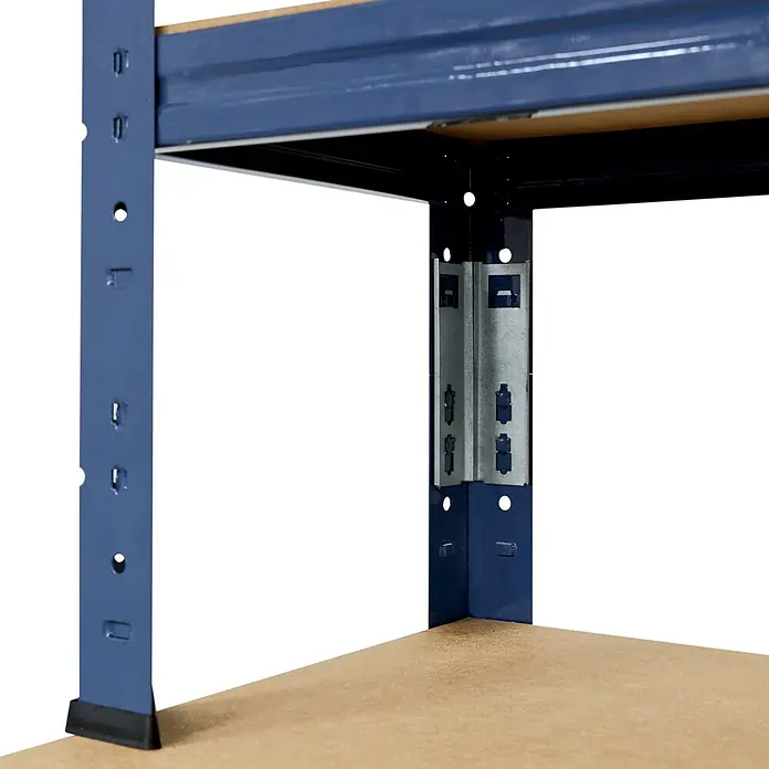 shelfplaza Schwerlastregal HOME - H x B x T: 190 x 80 x 60 cm, Traglast pro Boden: 175 kg, Anzahl Böden: 6 Stk., Stecken, blau - Blaues Metallregal im Detail, zeigt ein Holzregal und Eckverbindung mit Halterung.