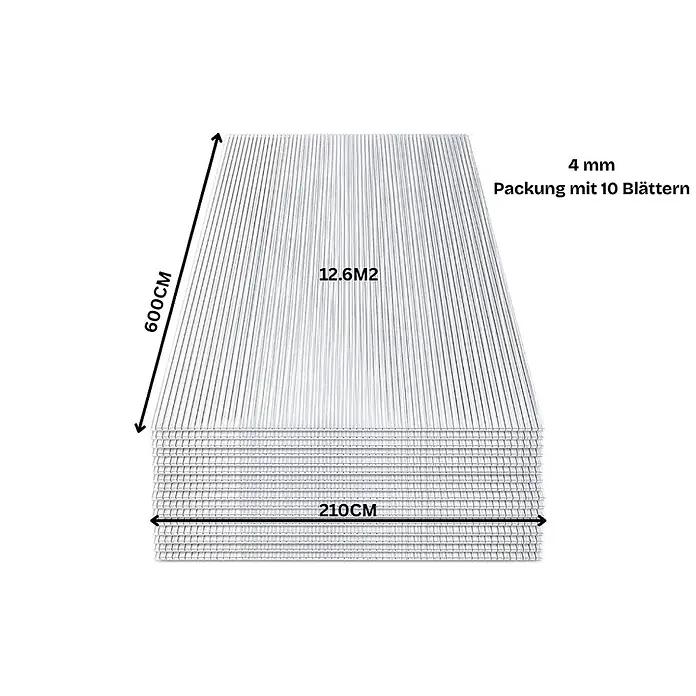 Garten Dream Hohlkammerplatte - 600 cm x 210 cm x 4 mm, Kunststoff, Transparent - Stapel von 10 lichtdurchlässigen 4mm Wellplatten, je 210x600cm, Gesamtfläche 126m².