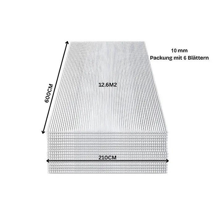 Garten Dream Hohlkammerplatte - 600 cm x 210 cm x 10 mm, Kunststoff, Transparent - Stapel aus 6 transparenten, 10 mm dicken Wellplatten, je 600x210 cm, Gesamtfläche 12,6 m².