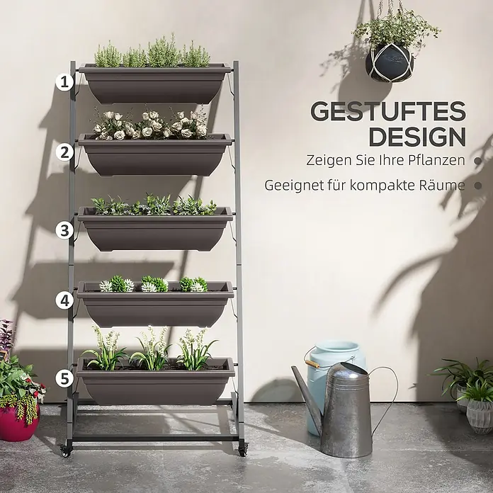 Outsunny Gewächshaus-Regal - 65 x 67 x 145 cm, Kaffee-Braun - Fünfstufiges vertikales Pflanzenregal mit dunklen Pflanzkästen voller Pflanzen auf einem fahrbaren Metallrahmen.