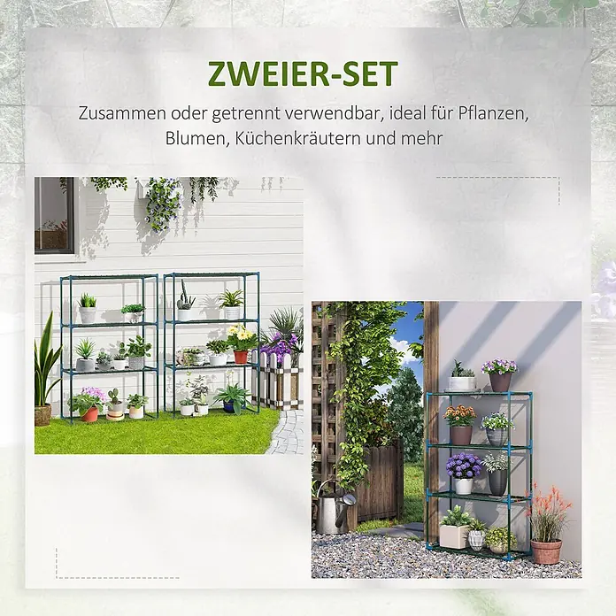 Outsunny Gewächshaus-Regal - 70 x 27 x 110 cm, Grün - Zwei dunkelgrüne Metall-Pflanzenregale, zusammen und separat im Freien mit Topfpflanzen gezeigt.