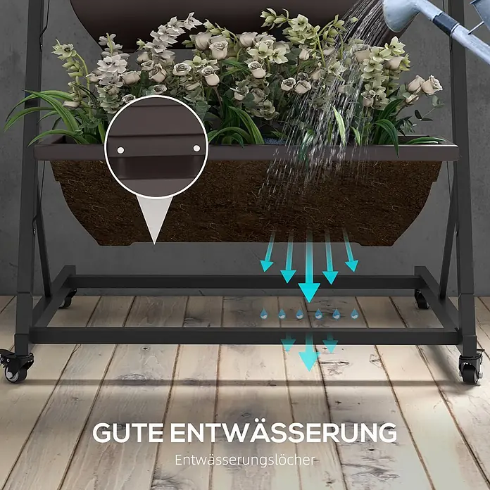 Outsunny Gewächshaus-Regal - 65 x 67 x 145 cm, Kaffee-Braun - Dunkelbraunes Hochbeet auf schwarzem Ständer mit bewässerten Pflanzen. Blaue Pfeile zeigen die gute Entwässerung durch sichtbare Drainagelöcher.