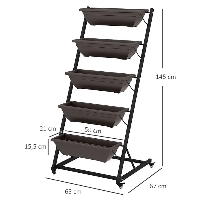 Outsunny Gewächshaus-Regal - 65 x 67 x 145 cm, Kaffee-Braun - Brauner Kunststoff 5-stufiger Vertikal-Pflanzständer mit schwarzem Metallrahmen auf Rollen für platzsparendes Gärtnern.