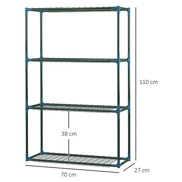 Outsunny Gewächshaus-Regal - 70 x 27 x 110 cm, Grün - Vierschichtiges dunkelgrünes Metallregal mit Gitterböden und blauen Verbindern.