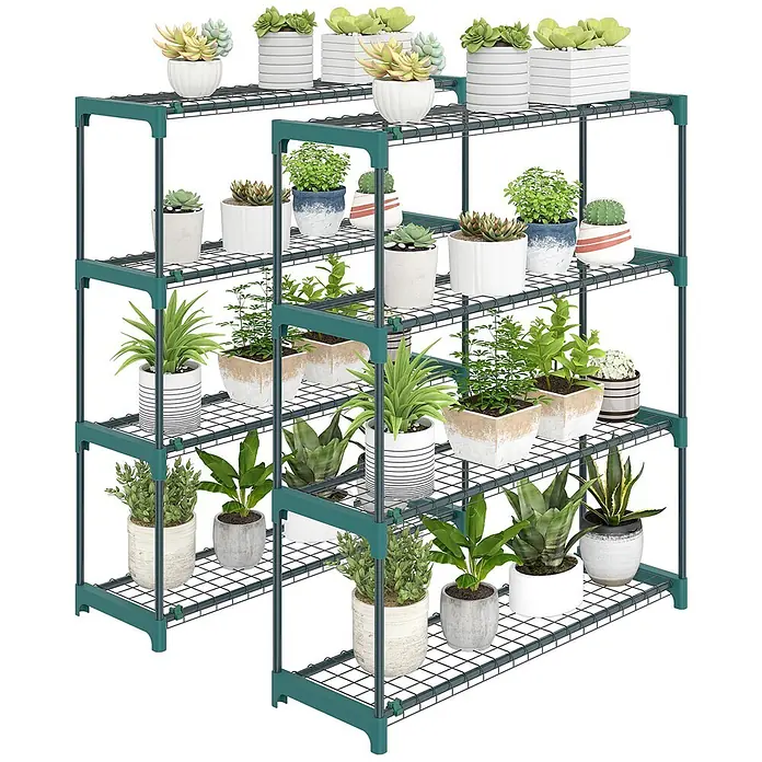 Outsunny Gewächshaus-Regal - 90 x 28 x 104 cm, Dunkelgrün - Mehrstufiger Pflanzenständer aus grünem Metallgitter mit Topfpflanzen.