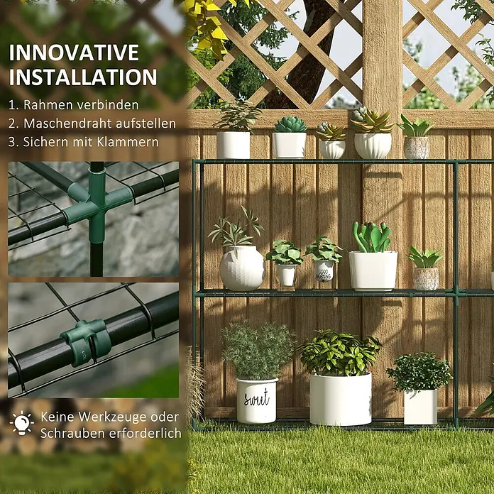 Outsunny Gewächshaus-Regal - 222 x 30 x 114 cm, Dunkelgrün - Dunkelgrünes modulares Pflanzenregal im Garten, mit werkzeugloser Montage durch Verbinder und Klammern.