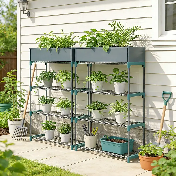 Outsunny Gewächshaus-Regal - 90 x 28 x 104 cm, Dunkelgrün - Mehrstufiges Metall-Pflanzenregal in Dunkeltürkis und Silber mit integrierten Pflanzkästen, bestückt mit Topfpflanzen im Freien.