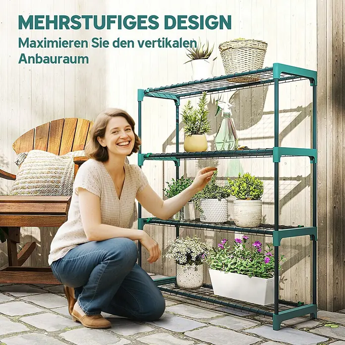 Outsunny Gewächshaus-Regal - 90 x 28 x 104 cm, Dunkelgrün - Mehrstufiges Pflanzenregal aus grünem Metall mit schwarzen Gitterböden für vertikalen Gartenraum, gefüllt mit Topfpflanzen im Freien.