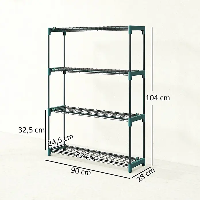 Outsunny Gewächshaus-Regal - 90 x 28 x 104 cm, Dunkelgrün - Vierstufiges Metallregal mit schwarzen Stangen und grünen Plastikverbindern, Maße 104x90x28 cm.