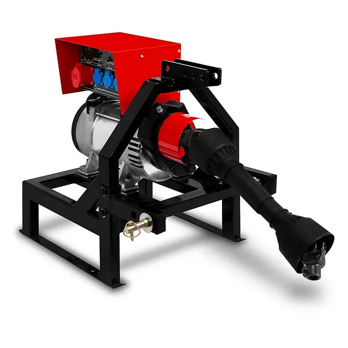 EBERTH Stromerzeuger Zapfwellengenerator 18,75 kVA, 15 kW, AVR, 230/400 V, 3-Punkt -  - Roter und schwarzer Zapfwellengenerator mit Steckdosen und Gelenkwelle.