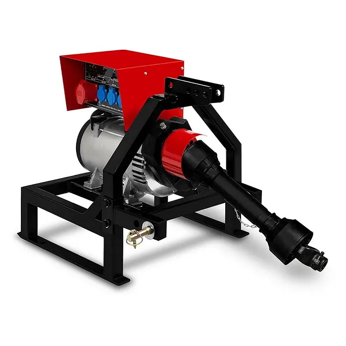 EBERTH Stromerzeuger Zapfwellengenerator 18,75 kVA, 15 kW, AVR, 230/400 V, 3-Punkt -  - Roter und schwarzer Zapfwellengenerator auf robustem schwarzem Rahmen, mit silbernem Gehäuse, rotem Steuerkasten und Zapfwelle.