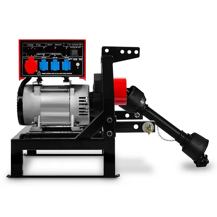 EBERTH Stromerzeuger Zapfwellengenerator 18,75 kVA, 15 kW, AVR, 230/400 V, 3-Punkt -  - Rot-schwarzer Zapfwellengenerator mit silbernem Gehäuse, Bedienfeld mit Steckdosen und Gelenkwelle zur Stromerzeugung.