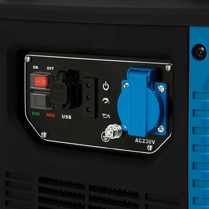 EBERTH Stromerzeuger Inverter 1000 W, 2 PS, 230 V, ECO-Modus, USB - Tankvolumen: 4 l - Schwarzes Bedienfeld eines Generators mit Netzschalter, USB-Anschlüssen, LED-Anzeigen und blauer AC230V-Steckdose.