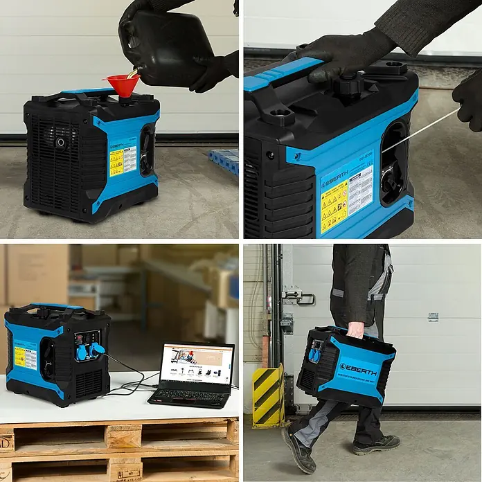 EBERTH Stromerzeuger Inverter 2000 W, 3 PS, 230 V, ECO-Modus, USB - Tankvolumen: 4 l - Blauer und schwarzer EBERTH Inverter-Stromerzeuger beim Betanken, Starten und Betreiben eines Laptops, was seine Portabilität zeigt.