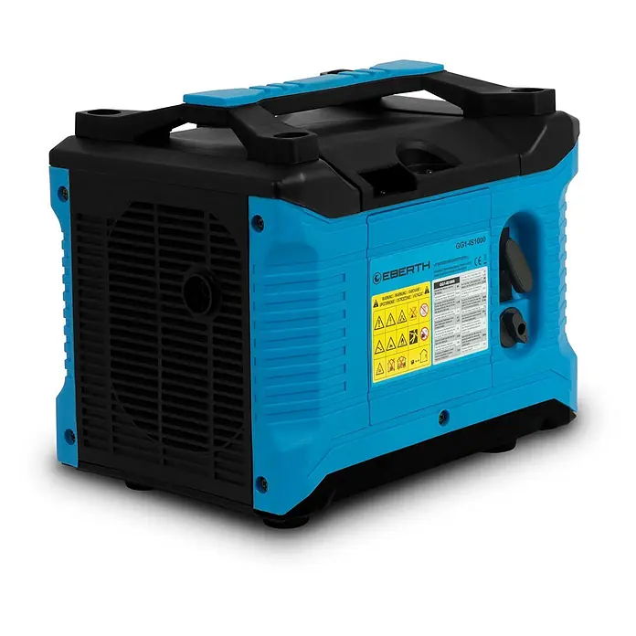 EBERTH Stromerzeuger Inverter 1000 W, 2 PS, 230 V, ECO-Modus, USB - Tankvolumen: 4 l - Blauer und schwarzer EBERTH Inverter-Stromerzeuger mit Tragegriff.
