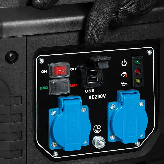 EBERTH Stromerzeuger Inverter 2000 W, 3 PS, 230 V, ECO-Modus, USB - Tankvolumen: 4 l - Bedienfeld eines Generators mit EIN/AUS-, ECO/MAX-Schaltern, dualem USB-Anschluss, Anzeigen und zwei blauen AC230V-Steckdosen.