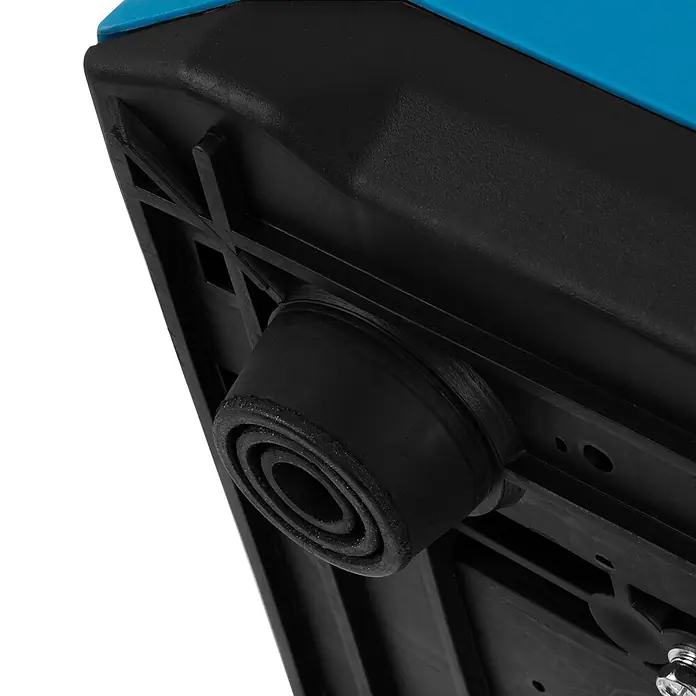 EBERTH Stromerzeuger Inverter 1000 W, 2 PS, 230 V, ECO-Modus, USB - Tankvolumen: 4 l - Nahaufnahme der Unterseite eines Geräts mit schwarzem Kunststoffboden, rundem, geripptem Antirutsch-Gummifuß und blauem Oberteil.