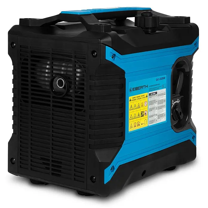 EBERTH Stromerzeuger Inverter 2000 W, 3 PS, 230 V, ECO-Modus, USB - Tankvolumen: 4 l - Blauer und schwarzer tragbarer Inverter-Generator mit Tragegriff, seitlichen Lüftungsschlitzen und Bedienfeld mit Warnhinweisen.
