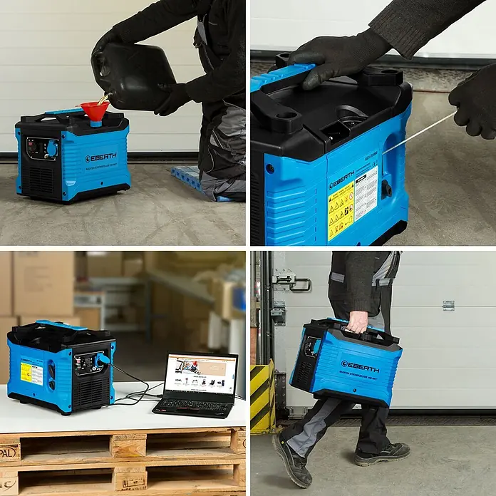 EBERTH Stromerzeuger Inverter 1000 W, 2 PS, 230 V, ECO-Modus, USB - Tankvolumen: 4 l - Blau-schwarzer EBERTH Inverter-Stromerzeuger, beim Tanken, Starten, Betreiben eines Laptops und Tragen gezeigt.