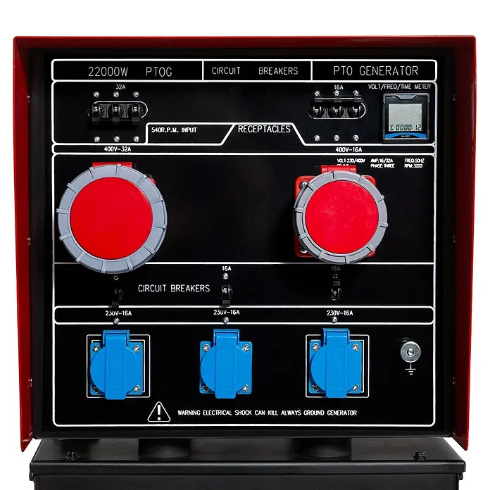 EBERTH Stromerzeuger Zapfwellengenerator 27,5 kVA, 22 kW, AVR, 230/400 V, 3-Punkt -  - Rot-schwarzes Zapfwellengenerator-Bedienfeld mit Steckdosen, Schutzschaltern und Digitalanzeige.