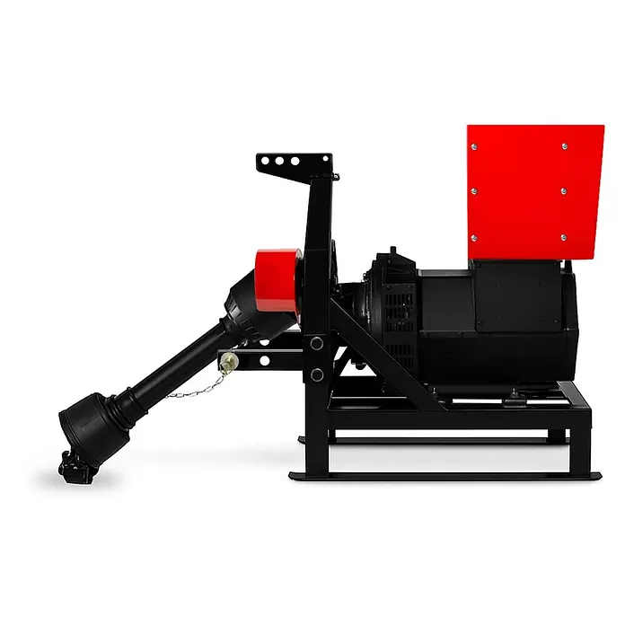 EBERTH Stromerzeuger Zapfwellengenerator 27,5 kVA, 22 kW, AVR, 230/400 V, 3-Punkt -  - Schwarzer Zapfwellengenerator mit roten Schutzhauben und schräger Zapfwelle auf einem Gestell.