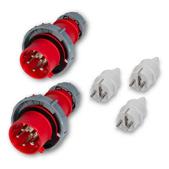 EBERTH Stromerzeuger Zapfwellengenerator 27,5 kVA, 22 kW, AVR, 230/400 V, 3-Punkt -  - Zwei rot/graue 5-polige CEE-Industriestecker und drei weiße Schuko-Haushaltsstecker.