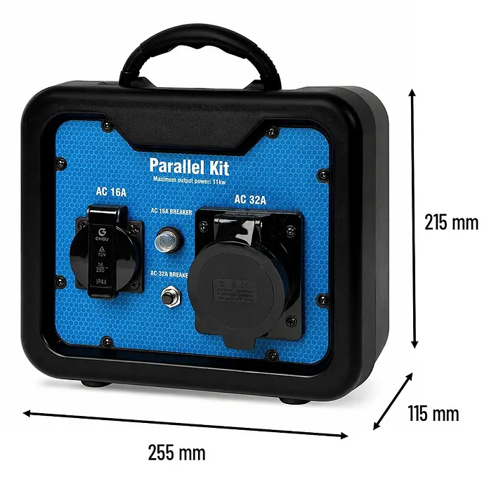 EBERTH Stromerzeuger Parallel Kit 6650 W, 230 V, 16/32 A für IG33-IS3500S -  - Kompaktes schwarz-blaues Parallelkit mit AC 16A und AC 32A Steckdosen und Sicherungen, mit Tragegriff.