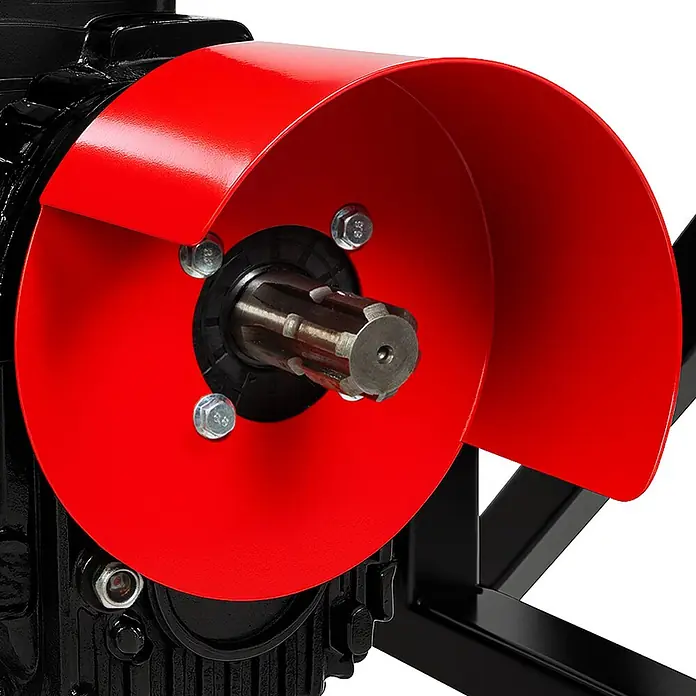 EBERTH Stromerzeuger Zapfwellengenerator 27,5 kVA, 22 kW, AVR, 230/400 V, 3-Punkt -  - Roter Metallsicherheitsschutz über schwarzem Maschinenteil, zeigt eine verzahnte Antriebswelle mit Schrauben.