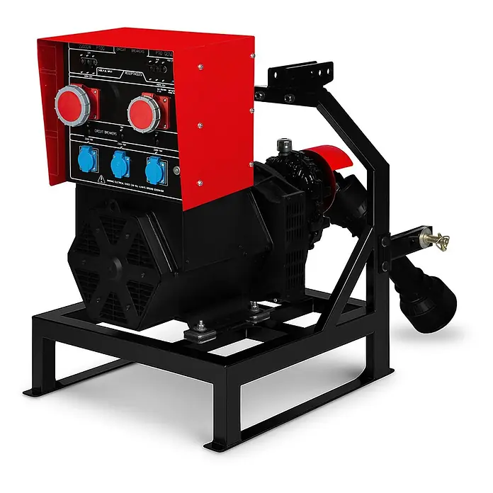 EBERTH Stromerzeuger Zapfwellengenerator 27,5 kVA, 22 kW, AVR, 230/400 V, 3-Punkt -  - Roter und schwarzer Zapfwellengenerator mit mehreren Steckdosen, Schutzschaltern und einem robusten Rahmen.