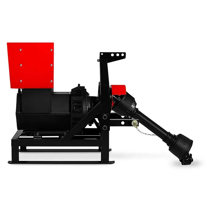 EBERTH Stromerzeuger Zapfwellengenerator 27,5 kVA, 22 kW, AVR, 230/400 V, 3-Punkt -  - Schwarzer Zapfwellengenerator mit roter Schutzabdeckung und abgewinkelter Zapfwelle.