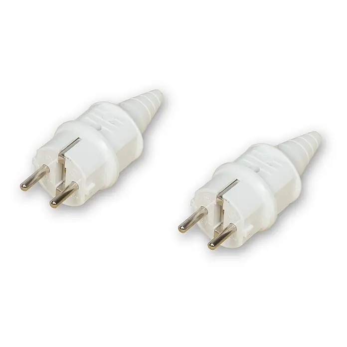 EBERTH Stromerzeuger Benzin 1 Phase 5500 W, 13 PS, E-Start, Fahrwerk, AVR - Nennleistung: 5 kW, Tankvolumen: 25 l - Zwei weiße Schuko-Stecker aus Kunststoff mit Metallstiften für den Stromanschluss.