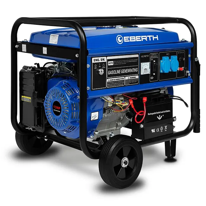 EBERTH Stromerzeuger Benzin 1 Phase 5500 W, 13 PS, E-Start, Fahrwerk, AVR - Nennleistung: 5 kW, Tankvolumen: 25 l - Blauer und schwarzer Benzingenerator mit Rädern für mobile Stromversorgung.