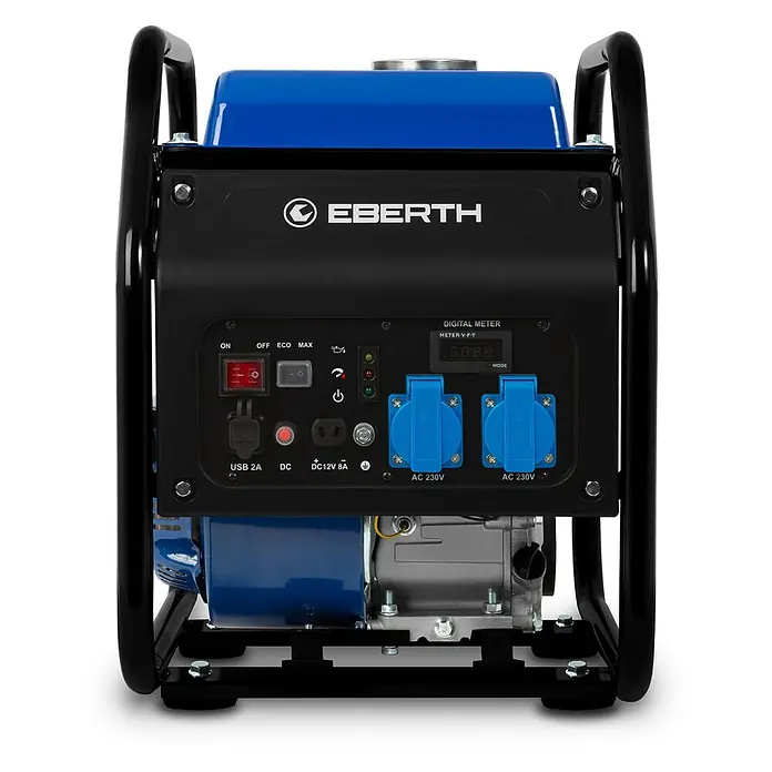 EBERTH Stromerzeuger Inverter 3200 W, 7 PS, 230 V, USB, 8 L Tank - Nennleistung: 3 kW, Tankvolumen: 8 l - Ein blau-schwarzer Stromerzeuger mit stabilem Metallrahmen, Bedienfeld mit verschiedenen Steckdosen und Digitalanzeige.