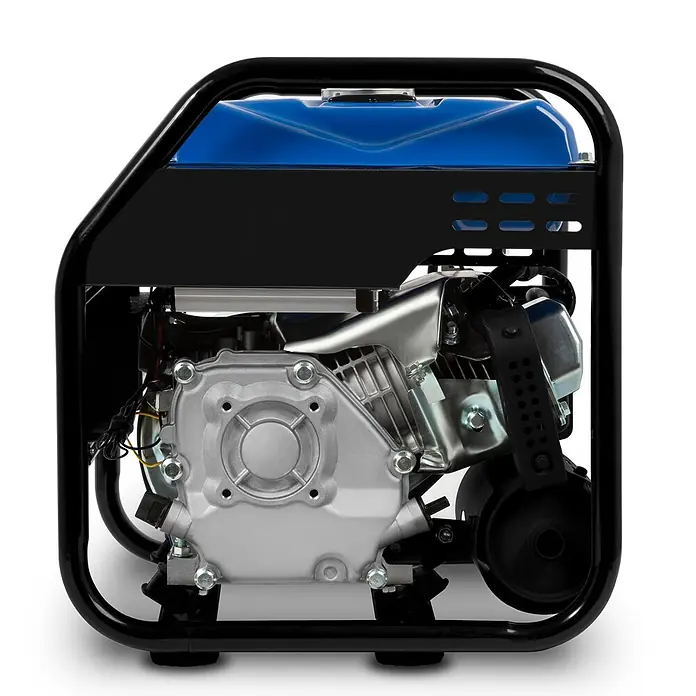 EBERTH Stromerzeuger Inverter 3200 W, 7 PS, 230 V, USB, 8 L Tank - Nennleistung: 3 kW, Tankvolumen: 8 l - Kompakter tragbarer Generator mit blauem Kraftstofftank und schwarzem Rahmen, mit silbernen Motorkomponenten.