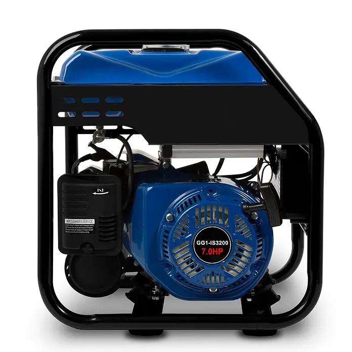 EBERTH Stromerzeuger Inverter 3200 W, 7 PS, 230 V, USB, 8 L Tank - Nennleistung: 3 kW, Tankvolumen: 8 l - Blauer und schwarzer tragbarer Generator mit 7.0 PS Motor (GG1-IS3200) im Schutzrahmen, mit Luftfilteranleitung.
