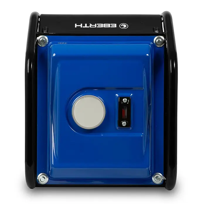 EBERTH Stromerzeuger Inverter 3200 W, 7 PS, 230 V, USB, 8 L Tank - Nennleistung: 3 kW, Tankvolumen: 8 l - Blauer und schwarzer tragbarer Generator mit zentraler runder Kappe und vertikaler Anzeige, EBERTH-Logo oben.