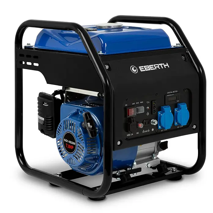 EBERTH Stromerzeuger Inverter 3200 W, 7 PS, 230 V, USB, 8 L Tank - Nennleistung: 3 kW, Tankvolumen: 8 l - Blauer und schwarzer tragbarer Generator mit robustem Rahmen, mehreren Steckdosen und Digitalanzeige.